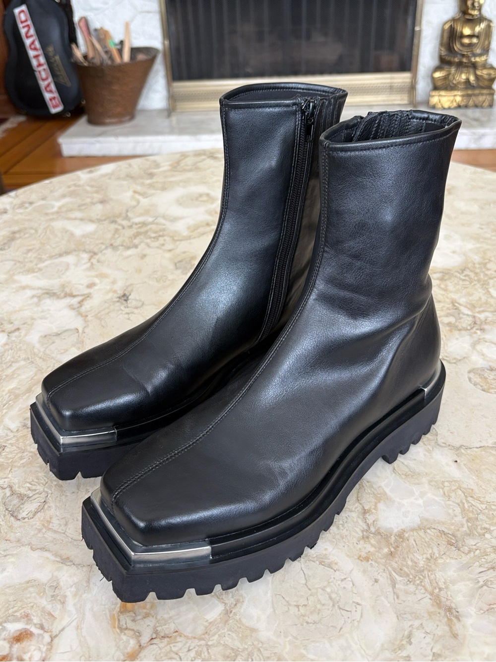 B2 “Devout” Black Leather Combat Boot Square Toe Silver Metal Tip Platform Boots - Picture 5 of 14